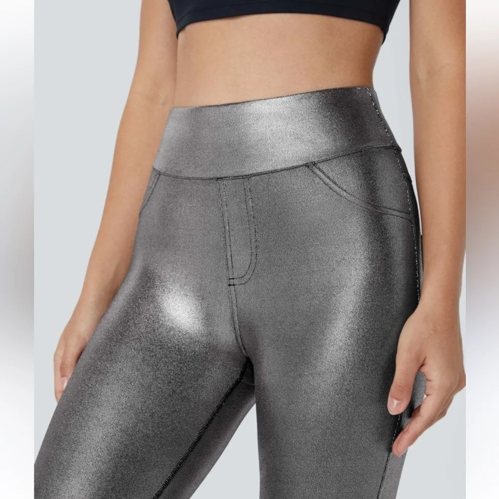 SoftlyZero Faux Leather High Waisted Pocket Work Leggings - Picture 3 of 5